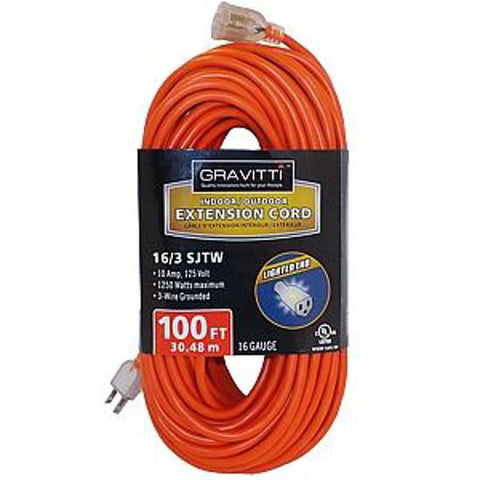 Gravitti 100' Indoor & Outdoor 16G Extension Cord With Led indicator